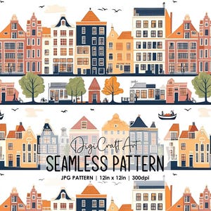 Amsterdam Stadt Nahtlose Muster Datei Wiederholungsdruck für Stoff Sublimation Digitale Papier Handwerk Design Tapete Hintergrund Reise Dekor Kunst