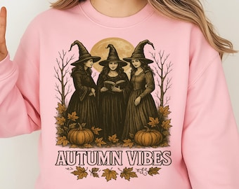 魔女っぽい秋のTシャツデザイン – ハロウィン魔女トリオPNG、秋の「秋の雰囲気」プリント、シャツプリント用のヴィンテージ魔女昇華プリント
