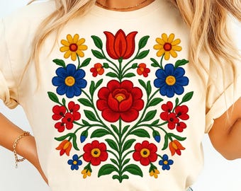 Mexican Flowers Faux Embroidery PNG | Floral Sublimation T-Shirt Design | Boho Clipart | Digital Download | Printable Transfer