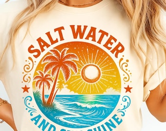 PNG de água salgada e sol, design para sublimação, PNG de verão, PNG de praia retrô, PNG tropical, design para camiseta, PNG para download instantâneo, DTF