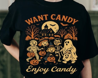 ヴィンテージハロウィンTシャツデザイン お菓子が欲しいなら、お菓子を楽しもう | レトロなトリック・オア・トリートの子供向けアートワーク インスタントデジタルダウンロードPNG（昇華用）