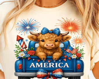 4 juli Highland Cow PNG, patriotisk lastbil Clipart (digital nedladdning)