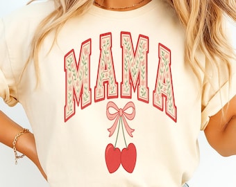 Cherry Bow Coquette Mama PNG | Soft Girl Aesthetic Mom Shirt Design | Mother's Day Sublimation | Girly Ribbon Digital Download