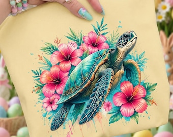 Watercolor Sea Turtle PNG, Tropical Hibiscus Turtle Sublimation Design, Ocean Beach Vibes Shirt PNG, Summer Coastal Clipart