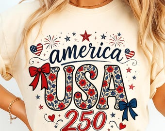 America 250 PNG | Patriotic Coquette Bow PNG | USA 250 Years Floral Independence Day Design | Retro Fourth of July Sublimation Download