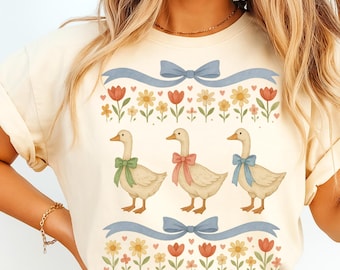Coquette Goose Shirt PNG, Vintage Duck Bow Design, Cottagecore Floral Goose Print, Cute Shirt Design, Feminine Retro Sublimation PNG