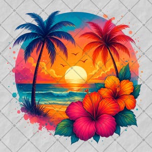 Summer Png, Beach Png, Palm Trees Png, Hibiscus Flowers Png, Beach Sunset Png, Sublimation Design, T-Shirt Design, Sweatshirt Png
