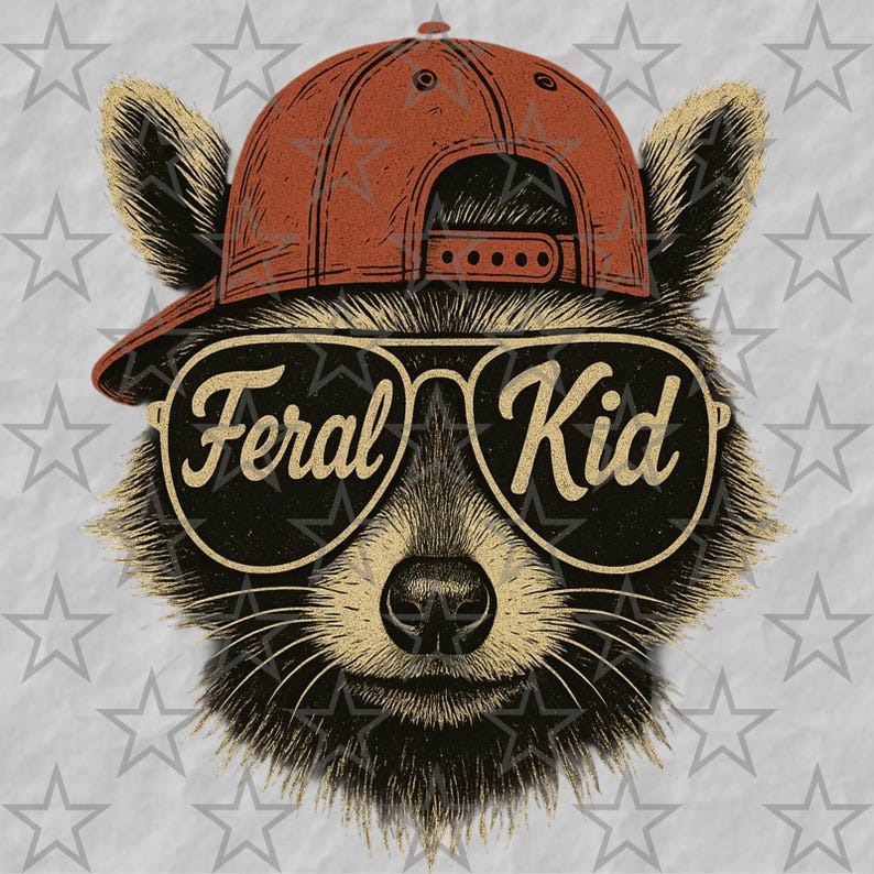 May include: A graphic illustration of a raccoon wearing a rust-coloured baseball cap and black aviator sunglasses. The lenses of the sunglasses feature the text Feral Kid in a cursive font. The background consists of a repeating pattern of stars.