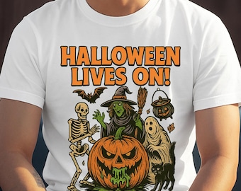 ハロウィンは生き続けるTシャツ – レトロな不気味な魔女とカボチャのデザイン | ヴィンテージの骸骨ゴーストTシャツ | 不気味でかわいいハロウィン風Tシャツ