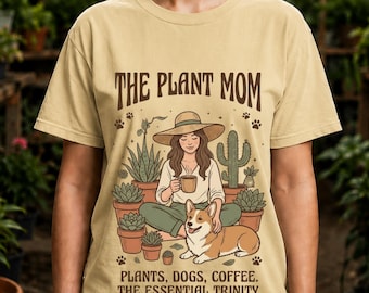 植物ママPNG、植物犬コーヒーシャツデザイン、ボヘミアン植物愛好家PNG、コーギーママ昇華プリント、レトロボタニカルデジタルダウンロード