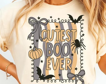 Najsłodszy Boo Ever PNG | Halloweenowa kokietka z kokardą i duchem PNG | Uroczy, upiorny pająk-nietoperz z dyni PNG | Retro Halloweenowy projekt sublimacji