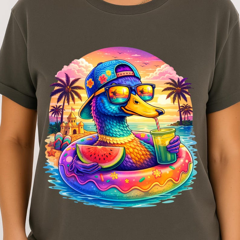 以下が含まれることがあります： サングラス、帽子、浮き輪をつけたカラフルなアヒルのグラフィックTシャツ。飲み物とスイカを楽しんでいます。背景にはヤシの木と夕焼けのあるビーチの風景が描かれています。
