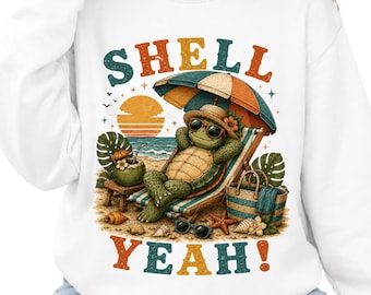 Shell Yeah Turtle PNG、面白いウミガメの夏の昇華プリント、ビーチバケーションPNG、沿岸レトロシャツデザイン、デジタルダウンロード