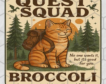 Descarga digital de brócoli de Quest Squad, PNG de Fourth Wing, diseños de camisetas de gato con brócoli, imágenes prediseñadas de jinete de dragón, artículos de Onyx Storm
