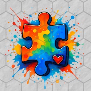 Colorful Puzzle Piece Autism Awareness PNG, Watercolor Autism Puzzle Heart Clipart, Digital Download, Sublimation Design, T-shirt Graphic