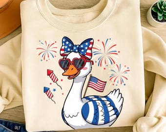 Imagen PNG de una mamá gansa patriótica, diseño preppy para el 4 de julio (descarga digital).