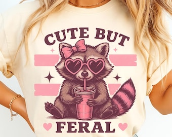 Cute But Feral Png, Sublimation Design, Funny Raccoon With Bow Png, Retro Png, Trendy Png, T-Shirt Design, Instant Digital Download Png,