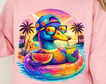 Divertido pato veraniego PNG, diseño de pato tropical en la playa, pato colorido para sublimación, imágenes prediseñadas de animales lindos, gráfico de ambiente veraniego para camisetas