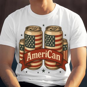 May include: White t-shirt featuring a design of four beer cans decorated with the American flag. The word "American" is displayed on a red banner across the bottom. Small black stars are scattered around the cans.