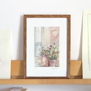 Dipinto originale di cactus ad acquerello sulla soglia di casa - Opera d'arte di piccole dimensioni con cornice, decorazione murale unica fatta a mano - Regalo per gli ammiratori dell'arte