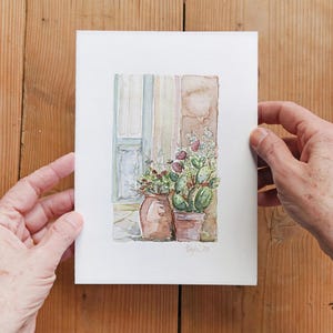 Dipinto originale di cactus ad acquerello sulla soglia di casa - opera d'arte unica nel suo genere, piccola opera d'arte vegetale, decorazione murale unica - regalo per gli ammiratori dell'arte