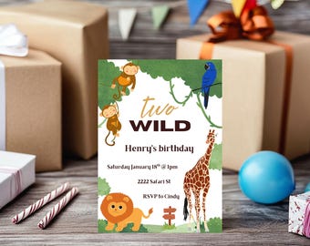 Two Wild Birthday Invitation Template | 2nd Birthday Safari Party | Editable Digital Invite | Jungle Theme | Instant Download | Canva Invite