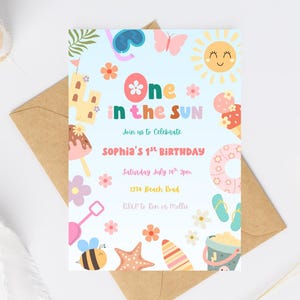One in the Sun Birthday Invitation Template | 1st Birthday Editable Invite | Summer Theme Party | Instant Download | Colorful Beach Invite