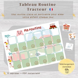 Puede incluir: Un gráfico de rutina diaria imprimible con el texto en francés "Tableau Routine Tracteur". El gráfico presenta un gráfico de tractor, una ilustración de cerdo y espacios para actividades de la mañana y de la tarde. Incluye el texto "Ma routine".