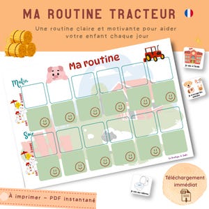 Puede incluir: Un gráfico de rutina diaria imprimible con temática de granja con el texto "MA ROUTINE TRACTEUR". El gráfico presenta un cerdo, un tractor rojo y una ilustración de oveja. Incluye espacios para actividades matutinas y vespertinas.