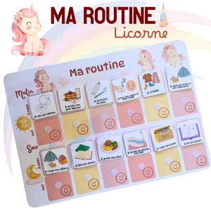 Può includere: Un grafico di routine a tema unicorno con il testo "MA ROUTINE Licorne" in alto. Il grafico include attività quotidiane illustrate come lavarsi i denti e fare colazione. Il grafico è progettato per i bambini.