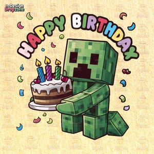 Pixel Birthday PNG, Green Character Birthday Sublimation, Gamer Boy Clipart, Digital Download, Kids Party Shirt Design, Fun Printable Art