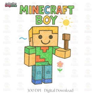 Block Style Boy Drawing, Hand Drawn Gamer Boy PNG, Pixel Art Kid Design, Cute Boy Clipart, Digital Download File
