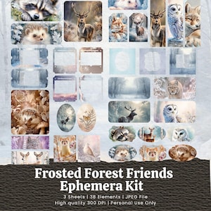 Può includere: Una collezione di elementi digitali con illustrazioni di animali del bosco, come cervi, gufi e procioni, in una palette di colori morbida e invernale. Il set include varie forme e dimensioni, con il testo "Frosted Forest Friends Ephemera Kit".