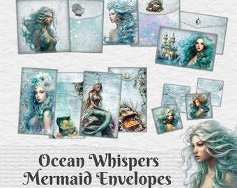 Mermaid Junk Journal Envelope, Ocean Digital Ephemera, Printable Stationery Set, Teal Ice Blue Digital Kit, Mix and Match Mailing Bundle