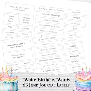 Anniversaire, étiquette de journal blanche classique à imprimer, Mots basiques pour scrapbooking, Vision Board, kit de déchets éphémères