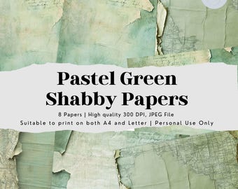 Salbeigrünes Shabby Papier, Junk Journal Kit, zerrissenes Pastellgrün Handschriftpapier,Junk Journal Füllpapiere,Digitales Papier Seite Ephemera