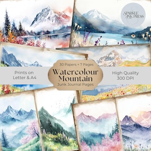 Watercolor Mountains Junk Journal Printable Pages, Nature-Inspired Journal Paper, Digital Scrapbook Kit for Mixed Media Art Journal JJ035