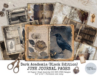May include: A collection of vintage-style junk journal pages with a dark academia theme. The pages feature illustrations of a raven, flowers, and architectural elements. The text "Dark Academia (Black Edition) JUNK JOURNAL PAGES" is visible. The pages are 8.5" x 11".