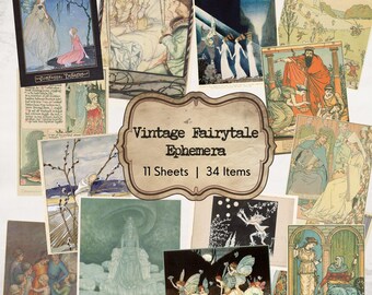Puede incluir: Un collage de efímeras de cuentos de hadas vintage con ilustraciones de hadas, princesas y otras criaturas mágicas. El collage incluye 11 hojas y 34 elementos.