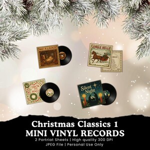 以下が含まれることがあります： 「Away in a Manger」、「Jingle Bells」、「Deck the Halls」、「Silent Night」などのクリスマスをテーマにしたアルバムアートワークが施されたミニチュアビニールレコード。レコードは黒色で、アルバムカバーはヴィンテージイラストが特徴です。「Christmas Classics 1 MINI VINYL RECORDS」の文字も表示されています。