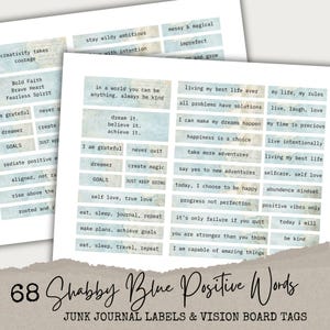 Wydrukowane pozytywne słowa Junk Journal Labels – Vintage Shabby Blue Tags z inspirującymi cytatami, zestaw efemeryd do scrapbookingu i rzemiosła