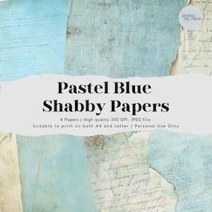Kit di carta shabby blu pastello per diari spazzatura, carta per scrapbooking blu strappata, carta digitale blu vintage, pagine di riempimento