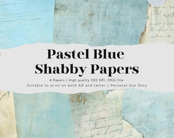 Kit de papel desgastado azul pastel para diarios basura, papel efímero azul rasgado para álbumes de recortes, paquete de papel digital azul vintage, páginas de papel de relleno