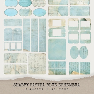 Kit di effimeri shabby blu pastello per diari spazzatura, etichetta di carta blu strappata per album, cornice blu vintage, carta campione, etichetta, segnalibro, biglietto fai da te