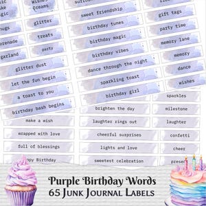 Mots d'anniversaire à imprimer pour journal indésirable, étiquette violette pour journal indésirable, étiquette numérique pour scrapbooking, Vision Board, créations manuelles, kit de déchets éphémères