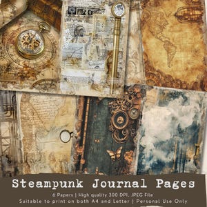 May include: Six digital papers with a steampunk theme. The papers feature vintage maps, clock faces, gears, and other steampunk elements. The papers are suitable for printing on both A4 and Letter size paper.