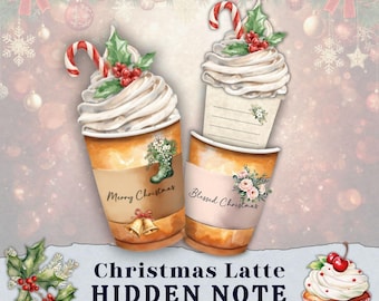 Versteckte Notiz, Kaffeetasse Fussy Schnitte, druckbare Aufkleber, Junk Journal Ephemera Set, Urlaub Geschenkanhänger, Überraschungs Karte, DIY Weihnachten Handwerk