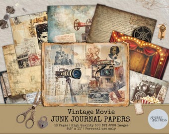May include: A collection of vintage movie-themed junk journal papers. The papers feature images of old cameras, film reels, and movie theater scenes. The papers are 8.5" x 11" and include the text "Vintage Movie Junk Journal Papers".