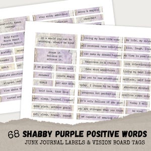 Étiquettes imprimables pour journaux indésirables avec mots positifs – étiquettes violettes minables vintage avec citations inspirantes, kit éphémère pour scrapbooking et travaux manuels