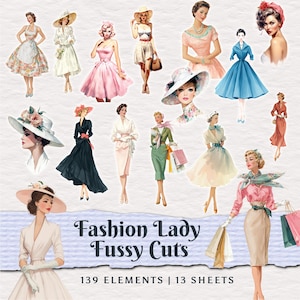 Vintage Fashion Lady Ephemera: Printable Scrapbook & Collage Fussy Cuts (Digital Download, 13 Sheets)